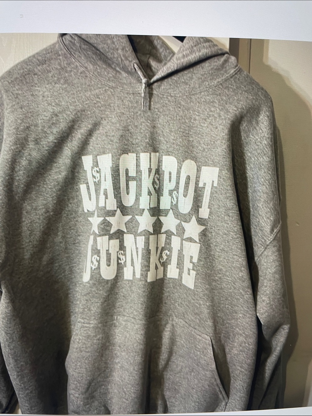 Gildan Gray Crewneck Sweatshirt with White 'Jackpot Junkie' Graphic